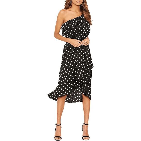 One Shoulder Ruffle Cute Polka Dot Elastic Waist Hi-Lo Flowy Dress SIZE M NEW - Picture 16 of 16
